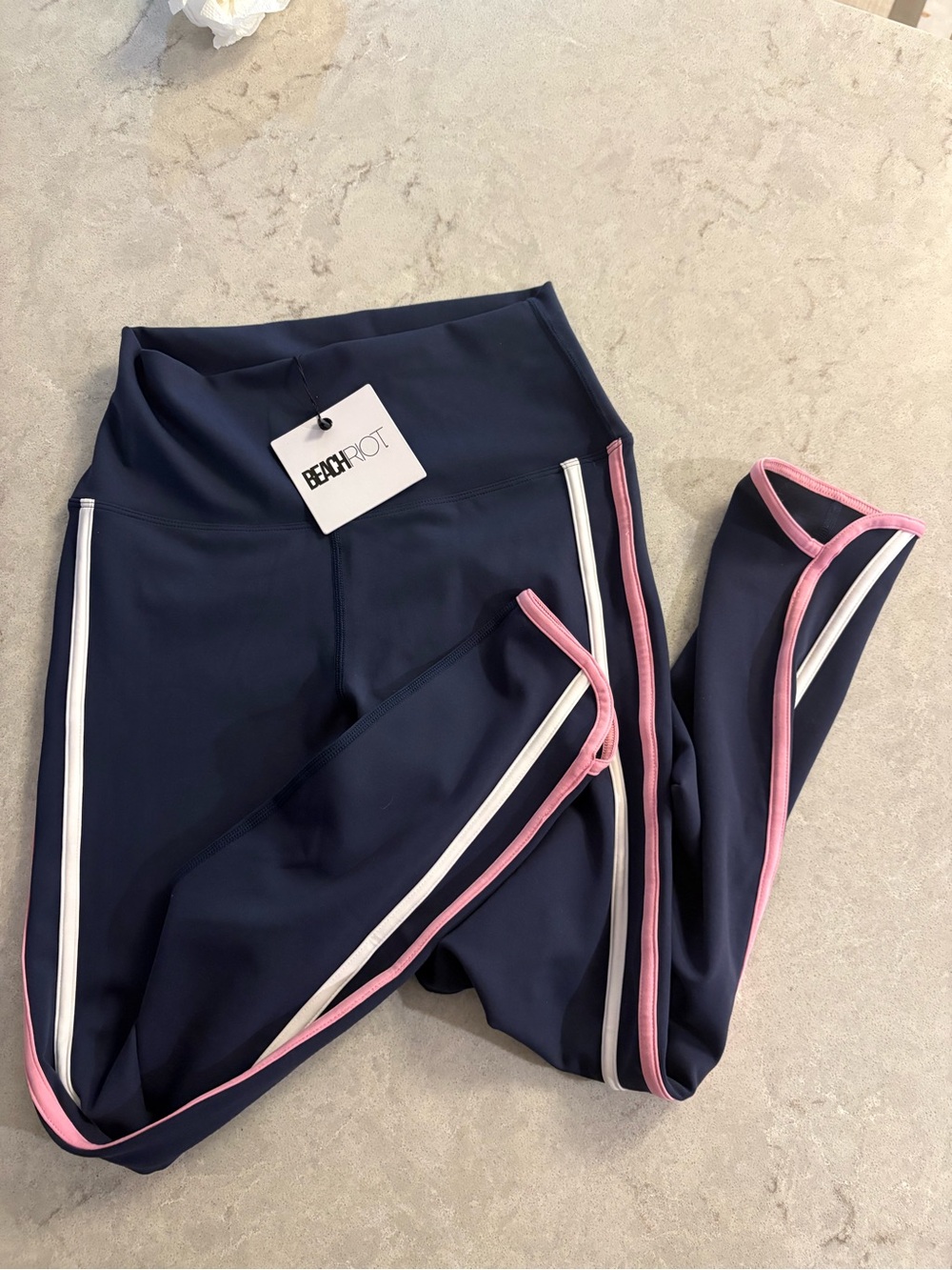 Beach Riot Navy Leggings with Pink & White Side Piping